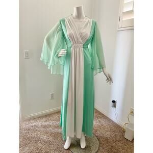 vintage 70s solid mint green and white dress 1970s angel sleeves maxi dress M